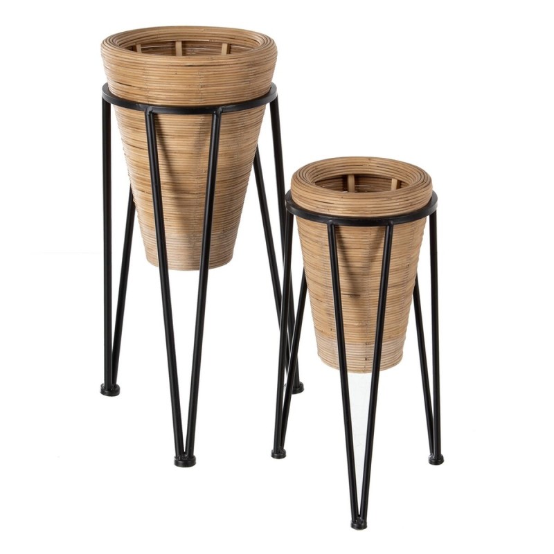 Set de pots de fleurs 34 x 34 x 58 cm Naturel Noir Métal Bambou (2 Unités)