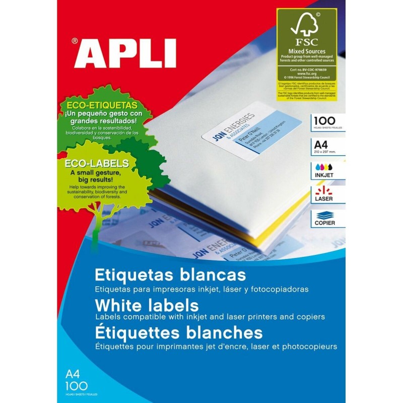 Étiquettes adhésives Apli 1281 100 Volets 210 x 297 mm Blanc