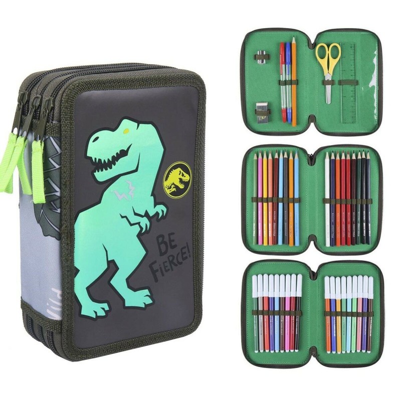 Trousse Scolaire avec Accessoires Jurassic Park Trousse d\'écolier Vert foncé (12,5 x 6,5 x 19,5 cm)